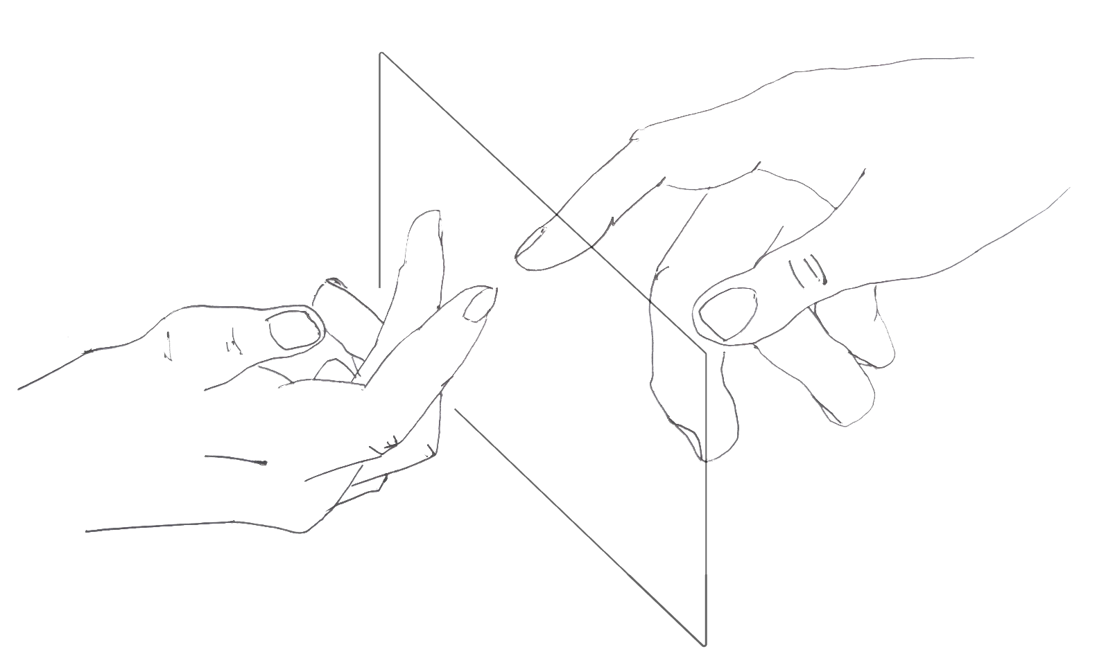 Two hands reaching toward each other through a screen